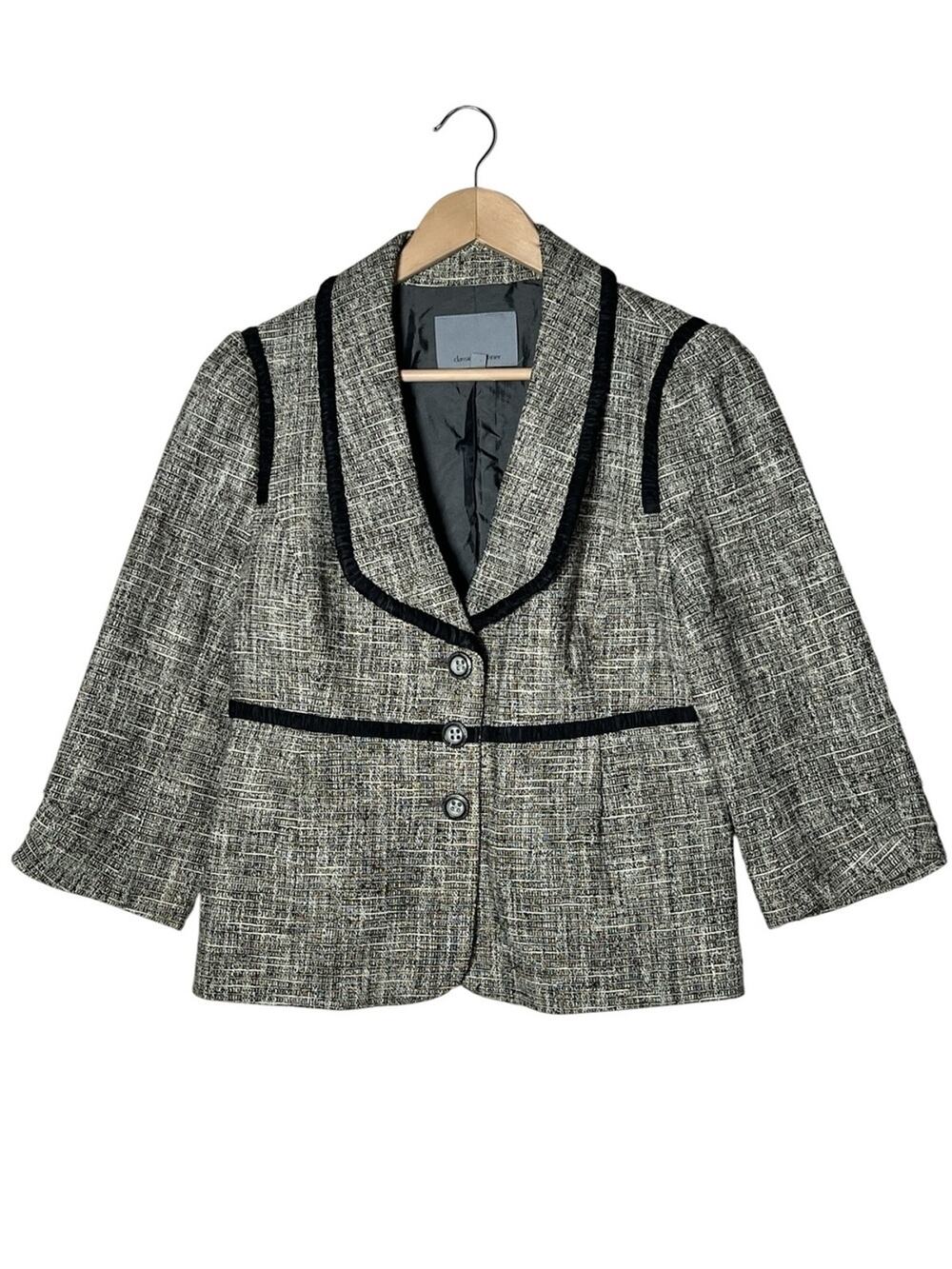 Classiques Entier Textured Black & Cream Tweed Blazer w Contrast Trim size M B87